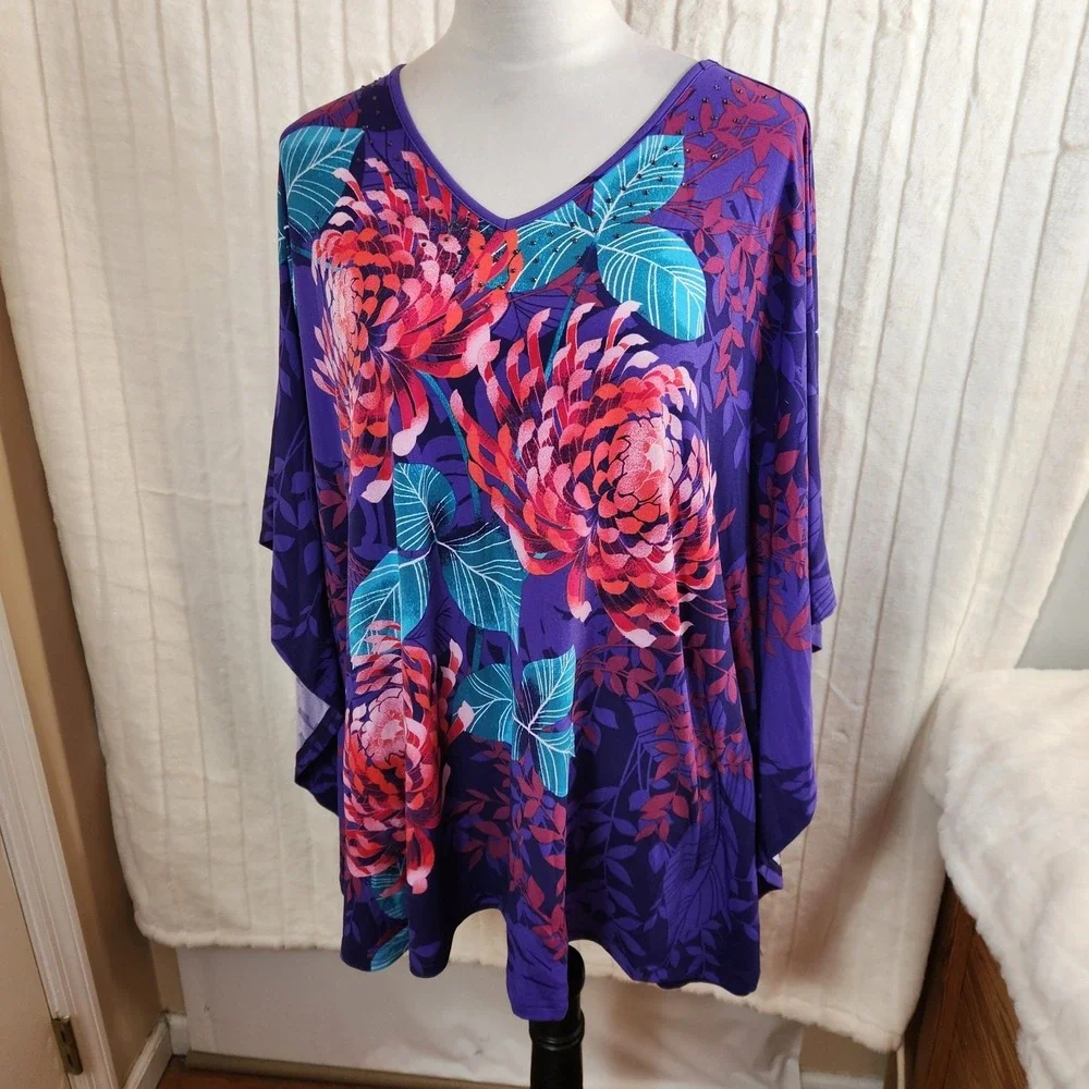 Quacker Factory Jeanne Bice Purple Floral Rhinestone V-Neck Poncho Top Sz XL NWT